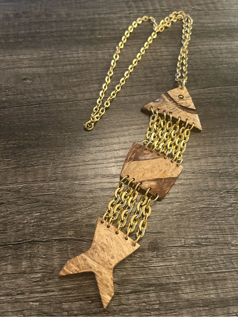 Vintage Leather Fish Pendant Necklace in Gold and Brown